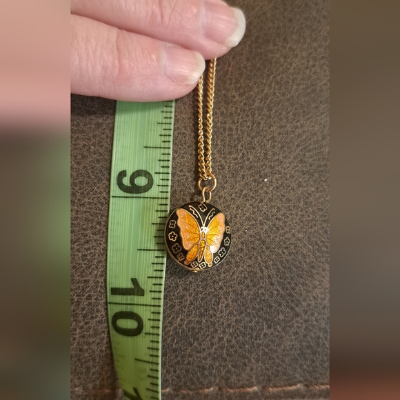 Vtg Butterfly Enamel Cloisonne Pendant Orange Black Gold W Chain Delicate - Picture 8 of 8